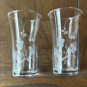 Pair of Kotobuki Etched Plum Japanese Celebration Sake Glasses